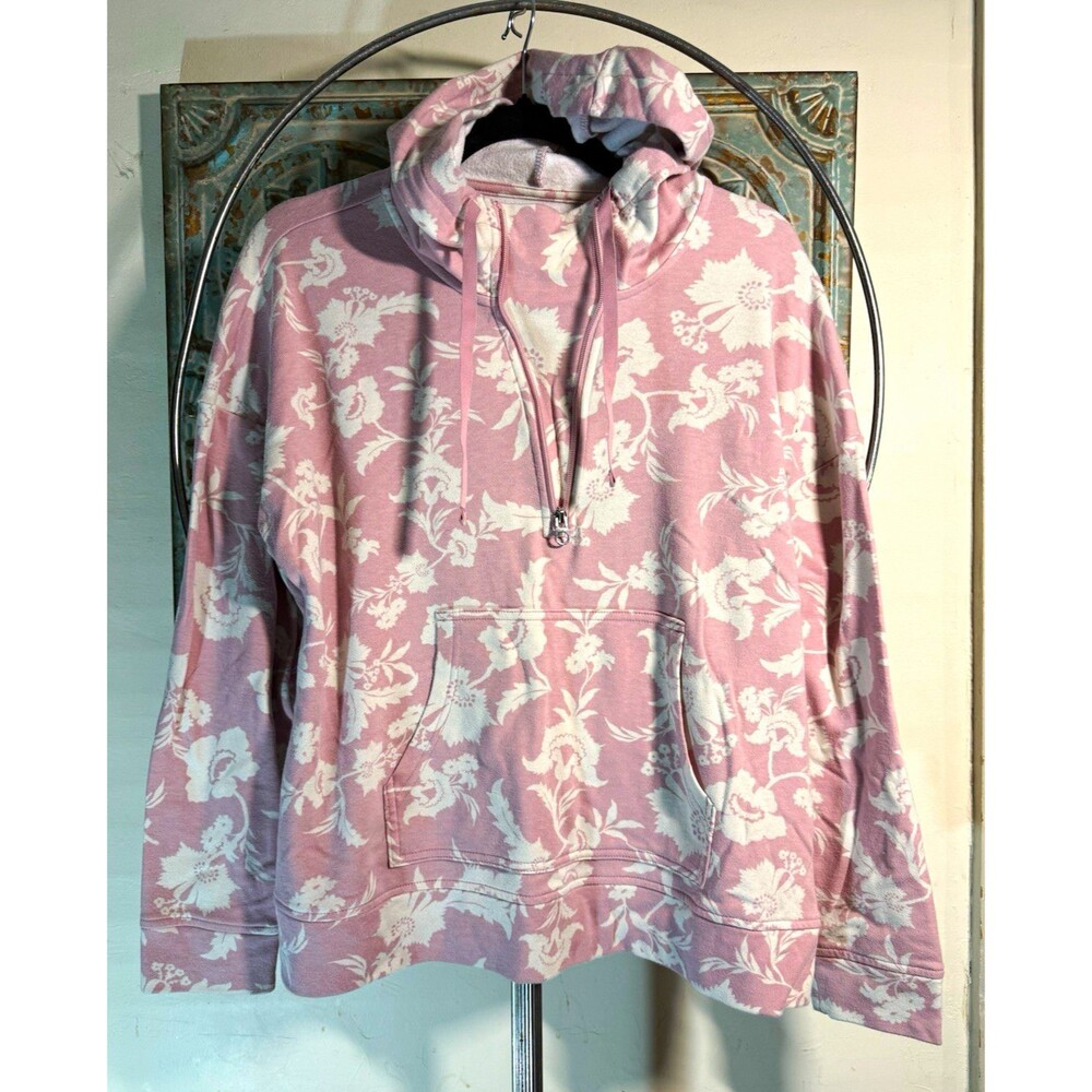 Croft & Barrow Women's Petites PL Pink White Floral Half Zip Hooded Fleece